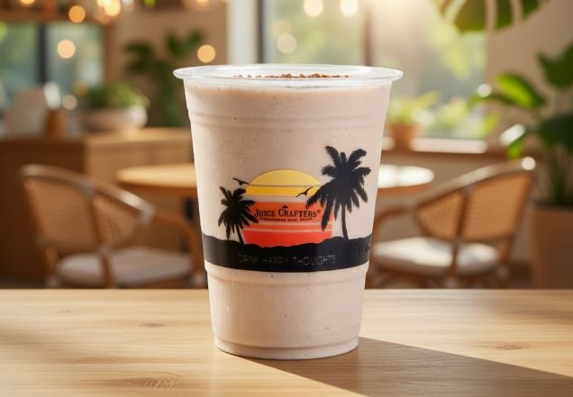 Masterpiece cold-pressed cold-pressed smoothie — Almond milk, banana, cacao nibs, cacao powder, goji berries, walnuts, dates, cin